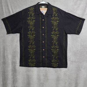 Tommy Bahama Shirt Mens Medium Black Green Camp Floral Pineapple Hawaiian Casual